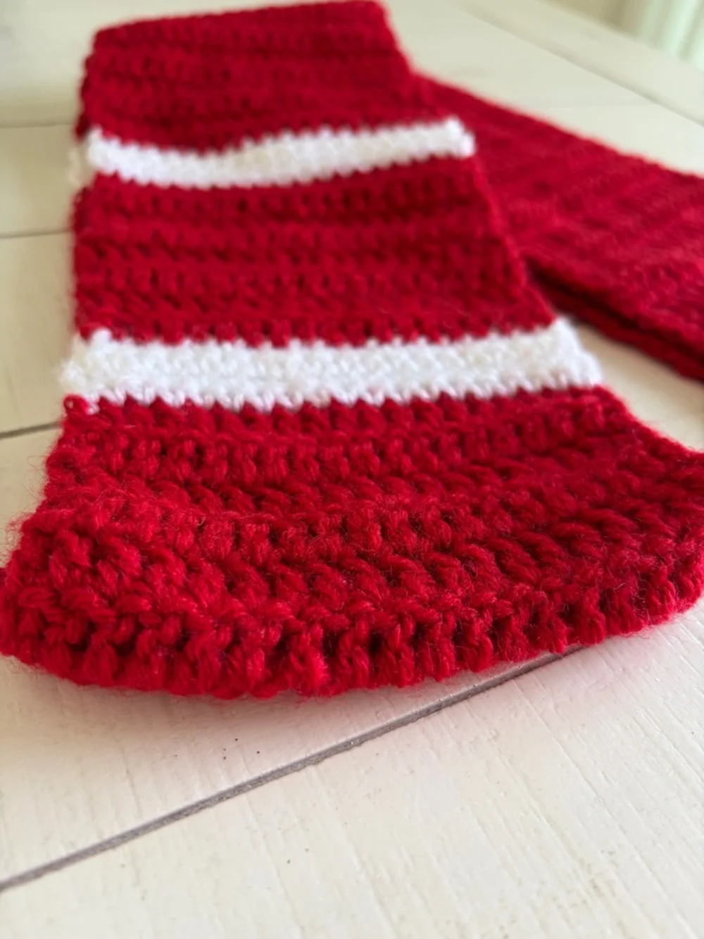 Cozy Handmade Red Infinity Crochet Scarf with White Accent Stripes